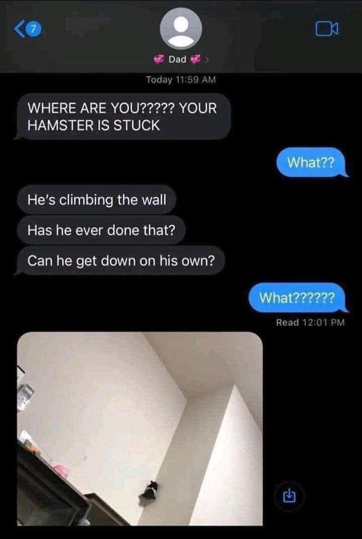 A screenshot of a text message conversation between a child and their dad, where the dad urgently asks 'WHERE ARE YOU????…