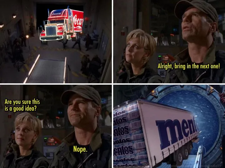 A four-panel meme from the movie 'Armageddon' showing a Coca-Cola truck being lowered into a tunnel, followed by a skeptical…