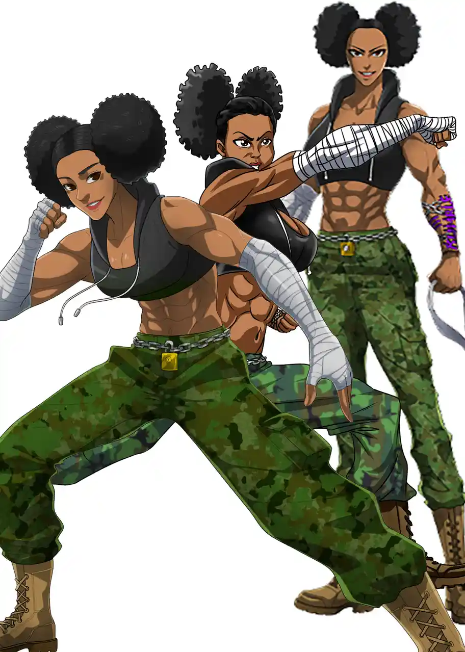 Three muscular anime-style women with afro hairstyles are shown in combat stances wearing camouflage pants, black crop tops…