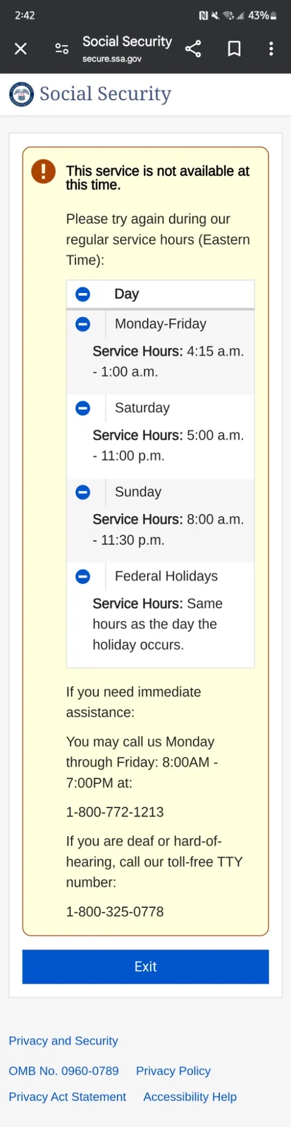 A screenshot of the U.S. Social Security Administration's website showing an error message that the service is unavailable…
