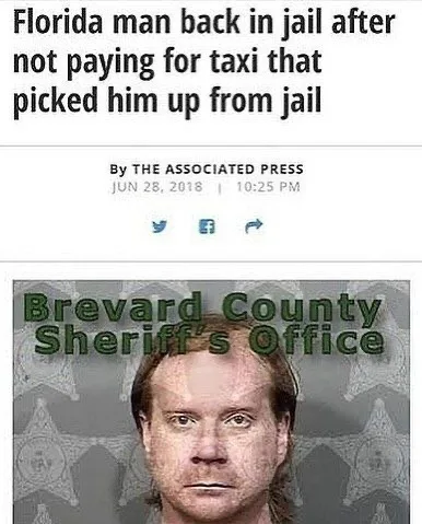 A mugshot of a man with a neutral expression, overlaid with the text 'Florida man back in jail after not paying for taxi…