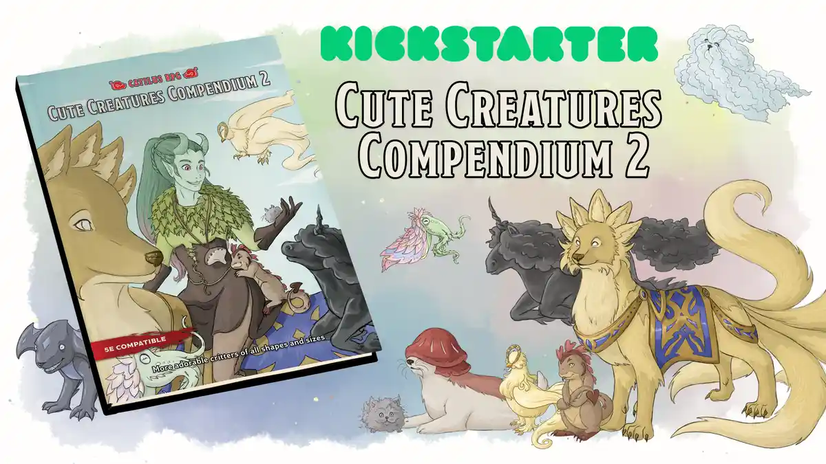An advertisement for a tabletop RPG book titled 'Cute Creatures Compendium 2' by Catilus RPG, shown with its cover and…