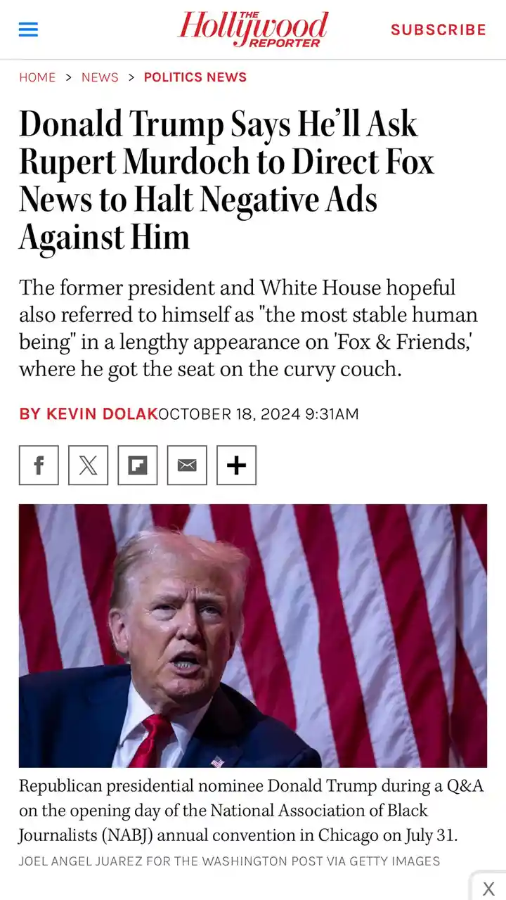 The image is a screenshot of a Hollywood Reporter article about Donald Trump, showing a photo of him speaking in front of an…