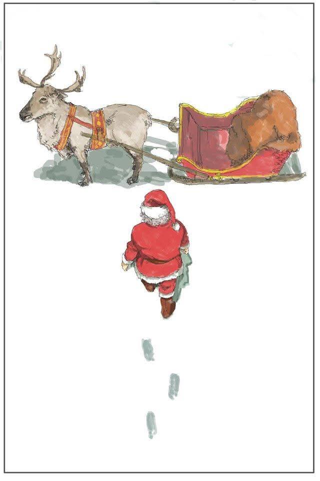 A watercolor illustration shows Santa Claus in his red suit walking away from the viewer, leaving footprints on the snow…
