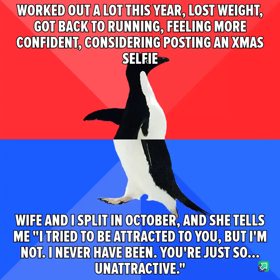 A penguin stands upright against a red and blue background, with white text overlaid in two sections. The top text reads…