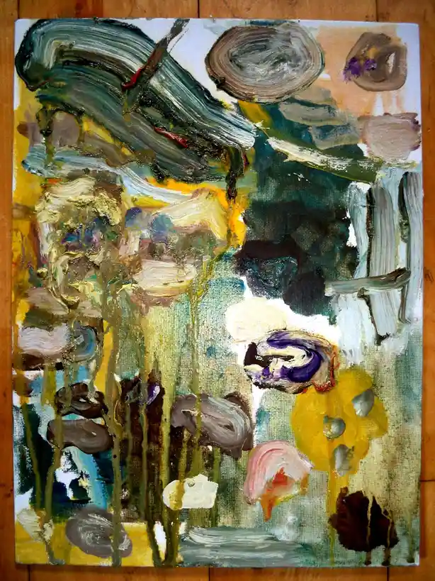 An abstract oil painting on canvas with thick, textured brushstrokes in greens, yellows, browns, and purples, depicting a…