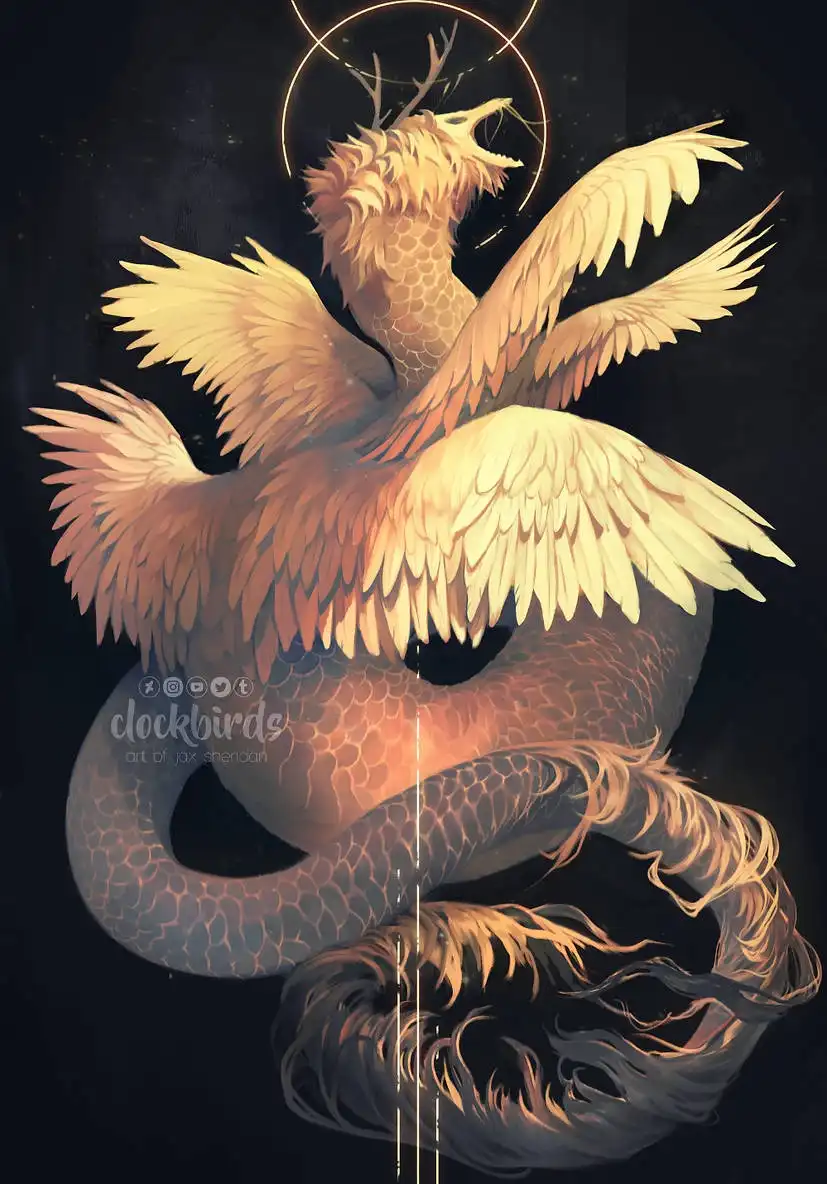 A majestic, golden-winged creature with a dragon-like scaled body and deer antlers, coiled and roaring against a dark…