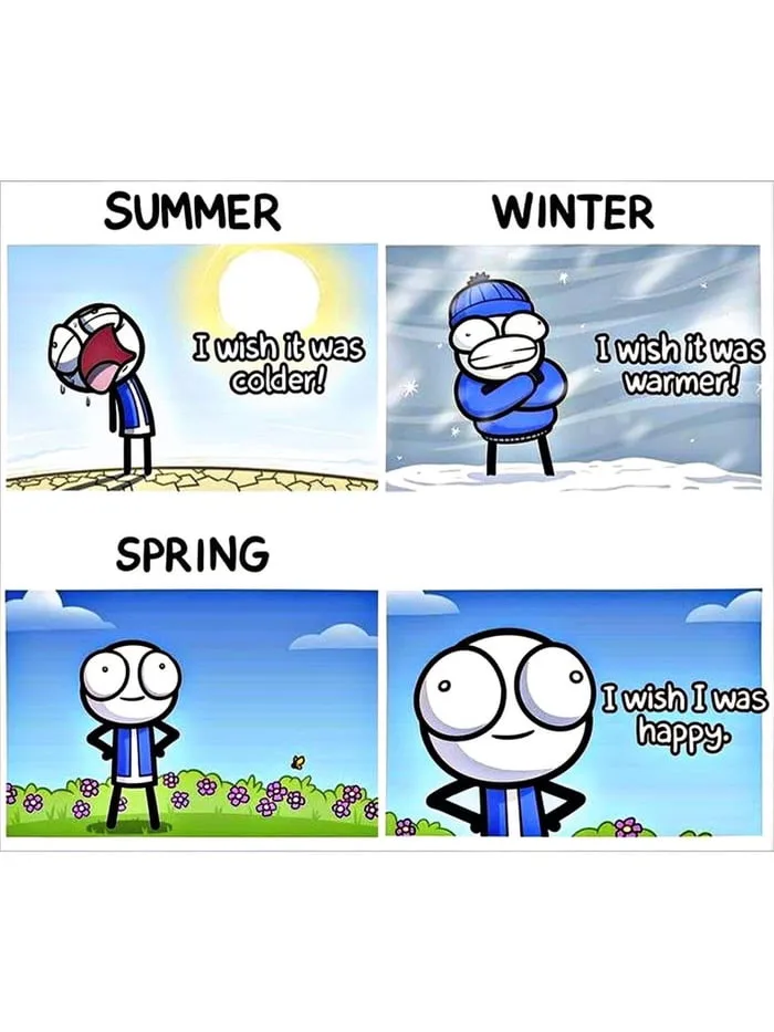 A four-panel comic strip shows a stick figure character in summer wishing for colder weather, in winter wishing for warmer…