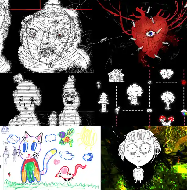 A collage of six distinct, unsettling, and surreal drawings: a grotesque, stitched-up horror face; a red, pulsating heart…