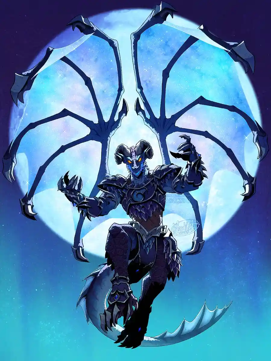 A dark, armored, blue-skinned demonic figure with glowing yellow eyes and a long, curved tail is posed dynamically against a…