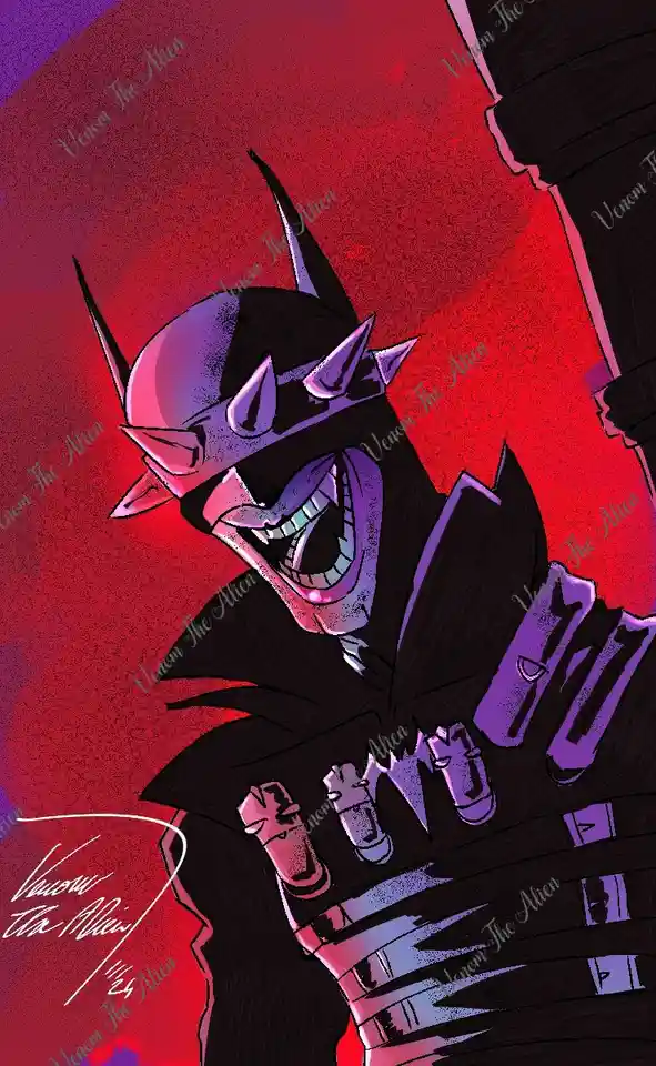A stylized digital illustration of a menacing, purple-hued Batman-like figure with sharp, pointed ears and a wide, toothy…