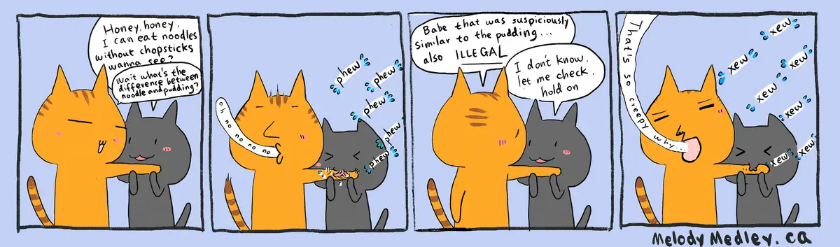 A four-panel comic strip featuring two cartoon cats, an orange one and a gray one, interacting. In the first panel, the…