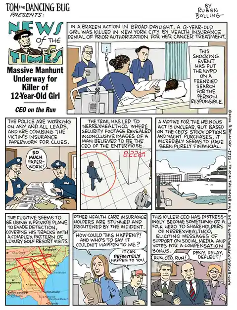 A comic strip titled 'News of the Times' depicts a fictional manhunt for a CEO who allegedly killed a 12-year-old girl by…