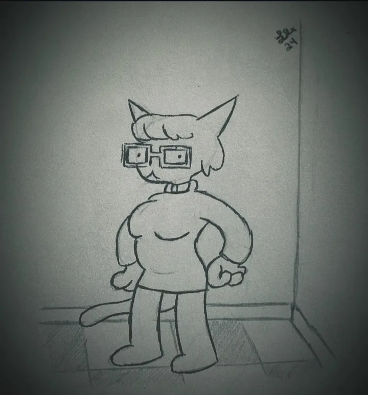 A black-and-white pencil sketch shows a cartoon cat with glasses standing in a corner, hands on hips, displaying a muscular…
