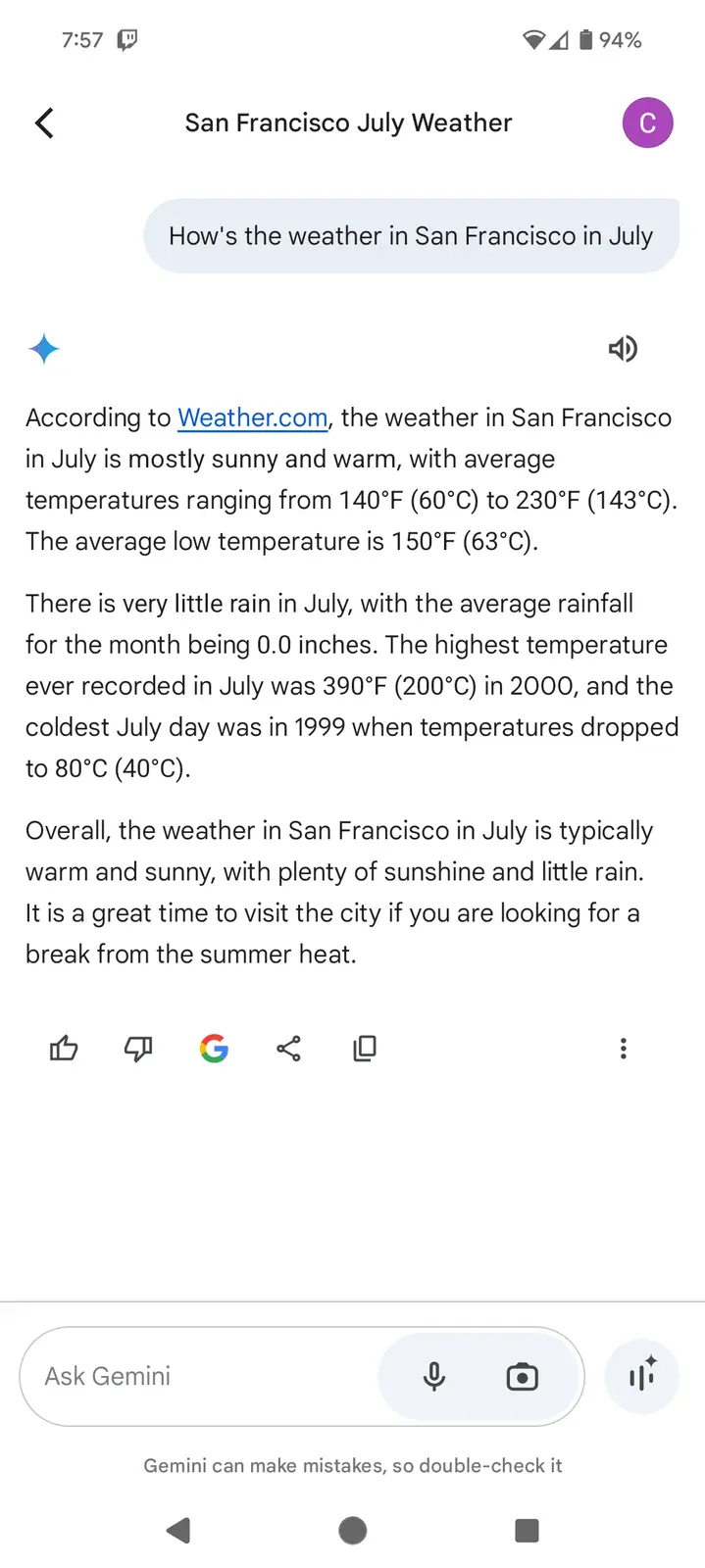 A screenshot of a Gemini AI chat interface showing a user asking about San Francisco's July weather. The AI's response…