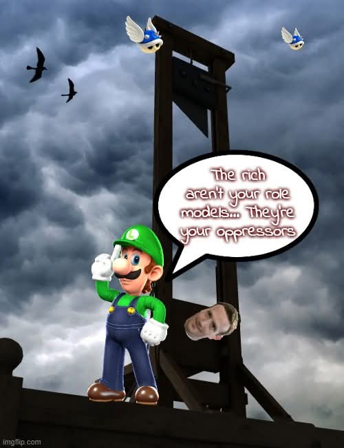 A digitally altered image shows the video game character Luigi standing on a platform in front of a guillotine under a…