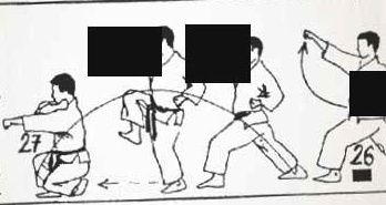 A black-and-white instructional diagram shows four martial artists in sequential poses, with the first and last figures…
