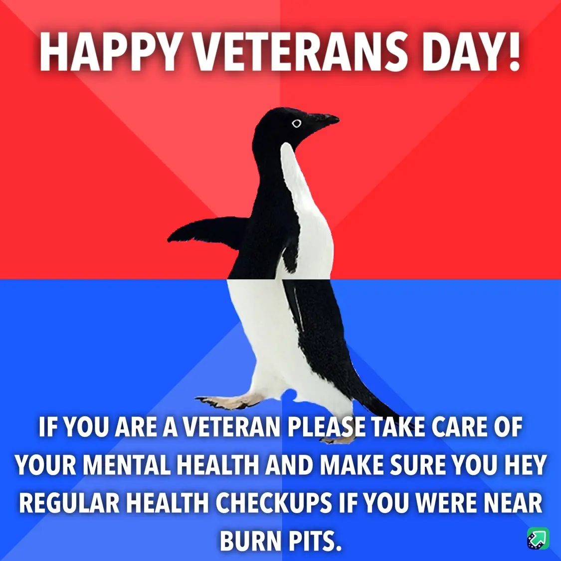 A penguin stands centered against a red and blue background, with the text 'HAPPY VETERANS DAY!' at the top and a health…