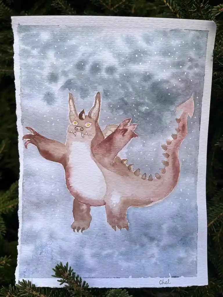 A watercolor painting on textured paper depicts a cute, brown, four-legged dragon-like creature with bat-like wings, pointed…