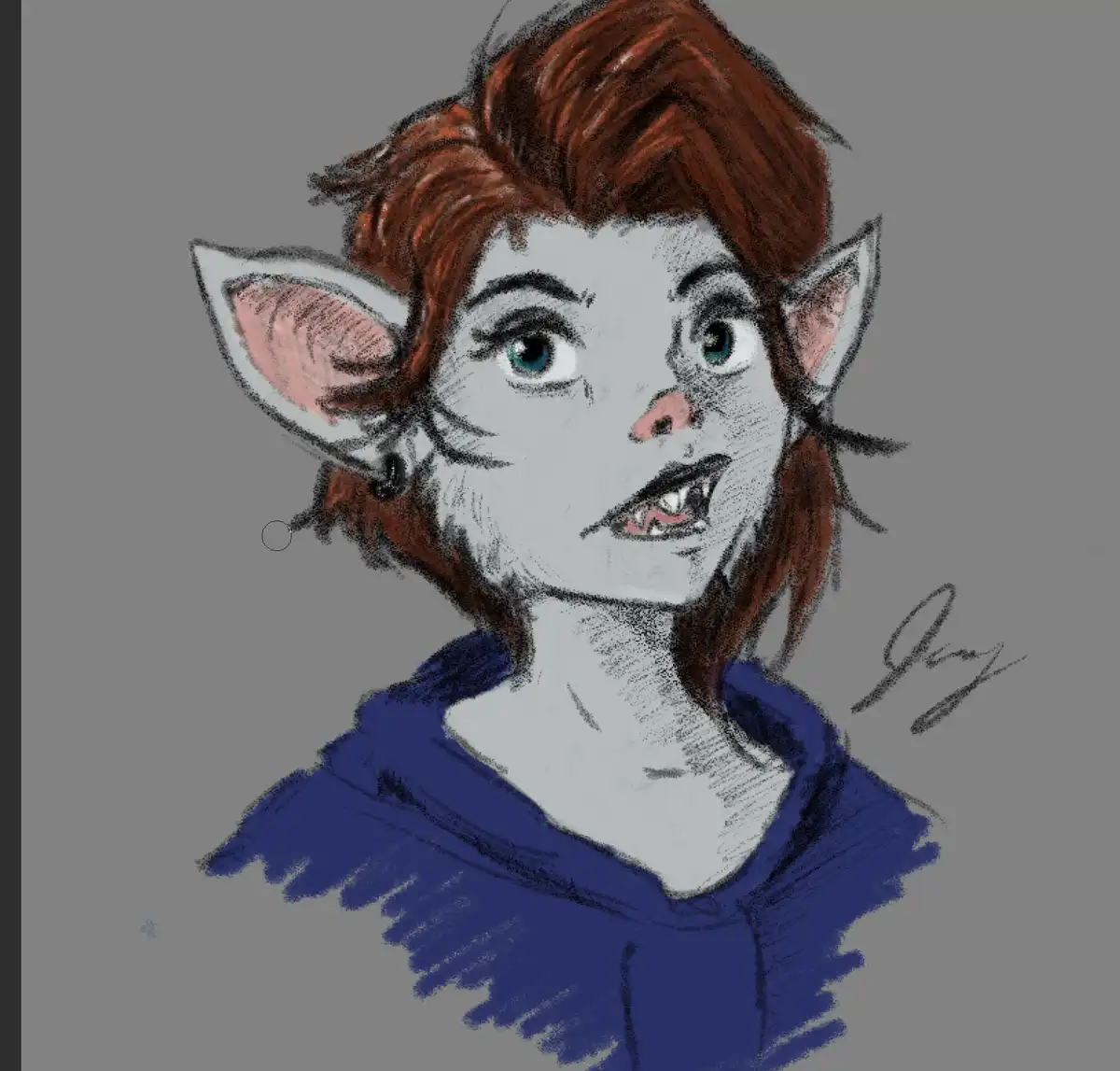 A sketch-style drawing of a young person with pointed ears, brown hair, and fangs, wearing a blue hoodie, looking surprised…
