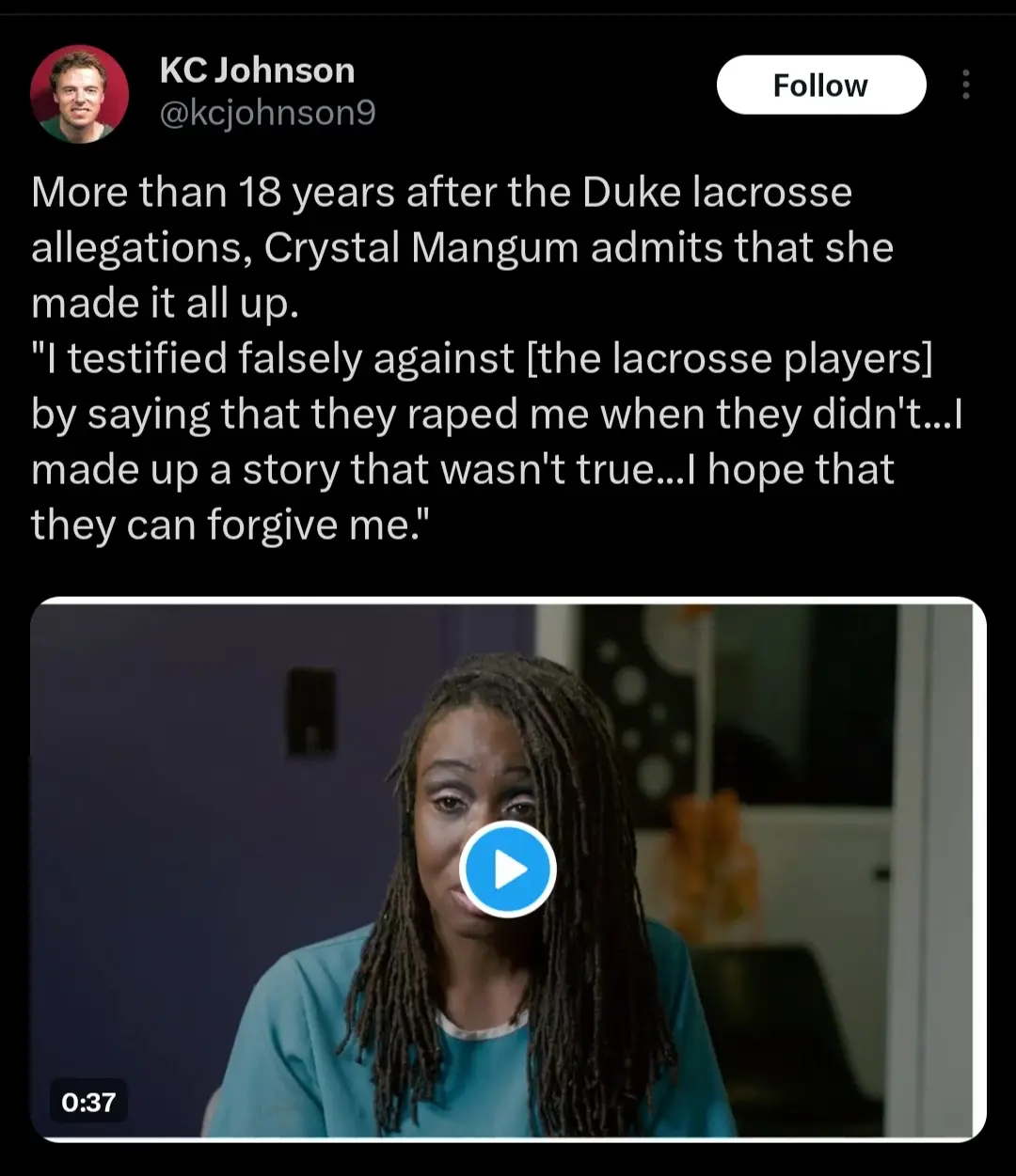 A screenshot of a tweet by KC Johnson showing a video thumbnail of Crystal Mangum, a Black woman with long dreadlocks…