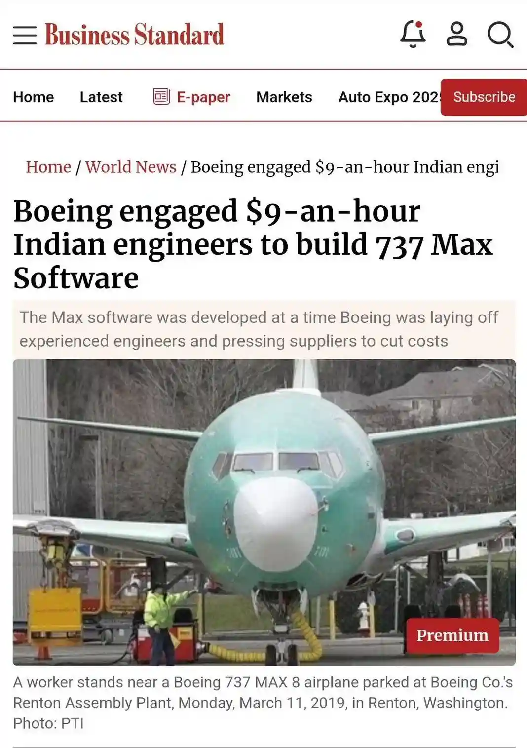 A screenshot of a Business Standard news article headline about Boeing hiring low-paid Indian engineers for the 737 Max…