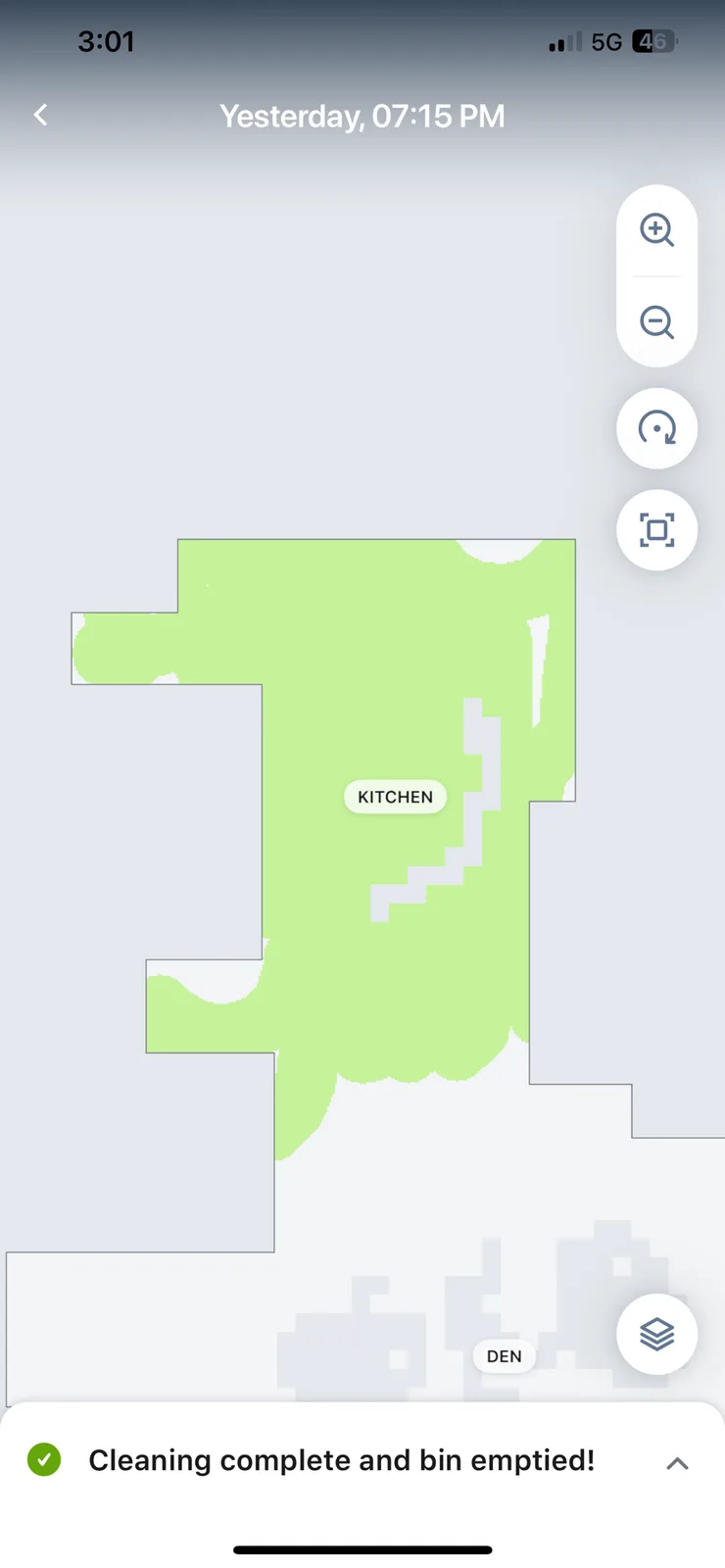 A screenshot of a cleaning app interface showing a floor plan with the kitchen highlighted in green, indicating it has been…