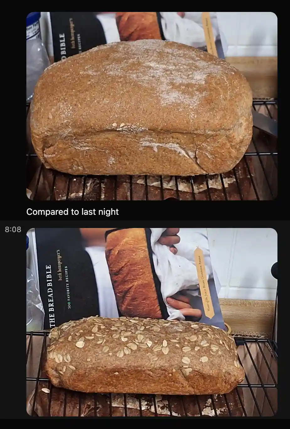 Two photos show loaves of bread on cooling racks. The top image shows a plain, slightly cracked loaf with flour dusting…