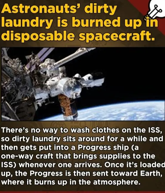 The image shows a space station with Earth in the background, overlaid with text explaining that astronauts' dirty laundry…