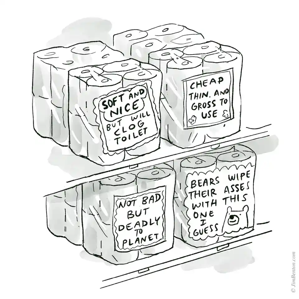 A black-and-white sketch shows four packages of toilet paper on store shelves, each with a handwritten label. The top-left…