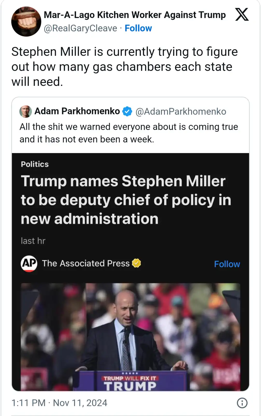 A screenshot of an X (Twitter) post by 'Mar-A-Lago Kitchen Worker Against Trump' shows a news article from The Associated…