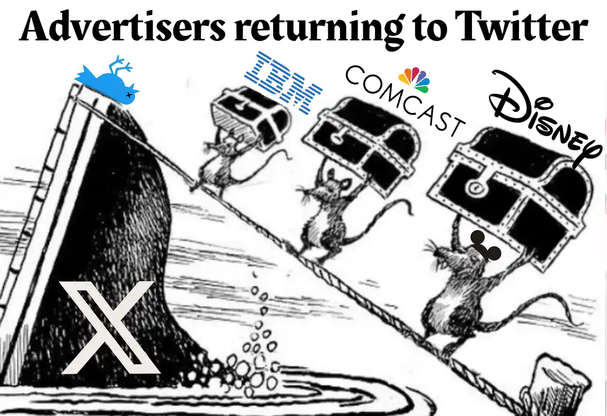 A black-and-white cartoon depicts three mice carrying treasure chests labeled IBM, Comcast, and Disney across a rope bridge…
