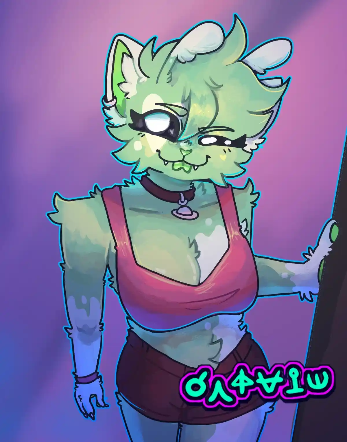 A green-furred anthropomorphic cat with white-tipped ears and a mischievous grin, wearing a red tank top, dark shorts, and a…