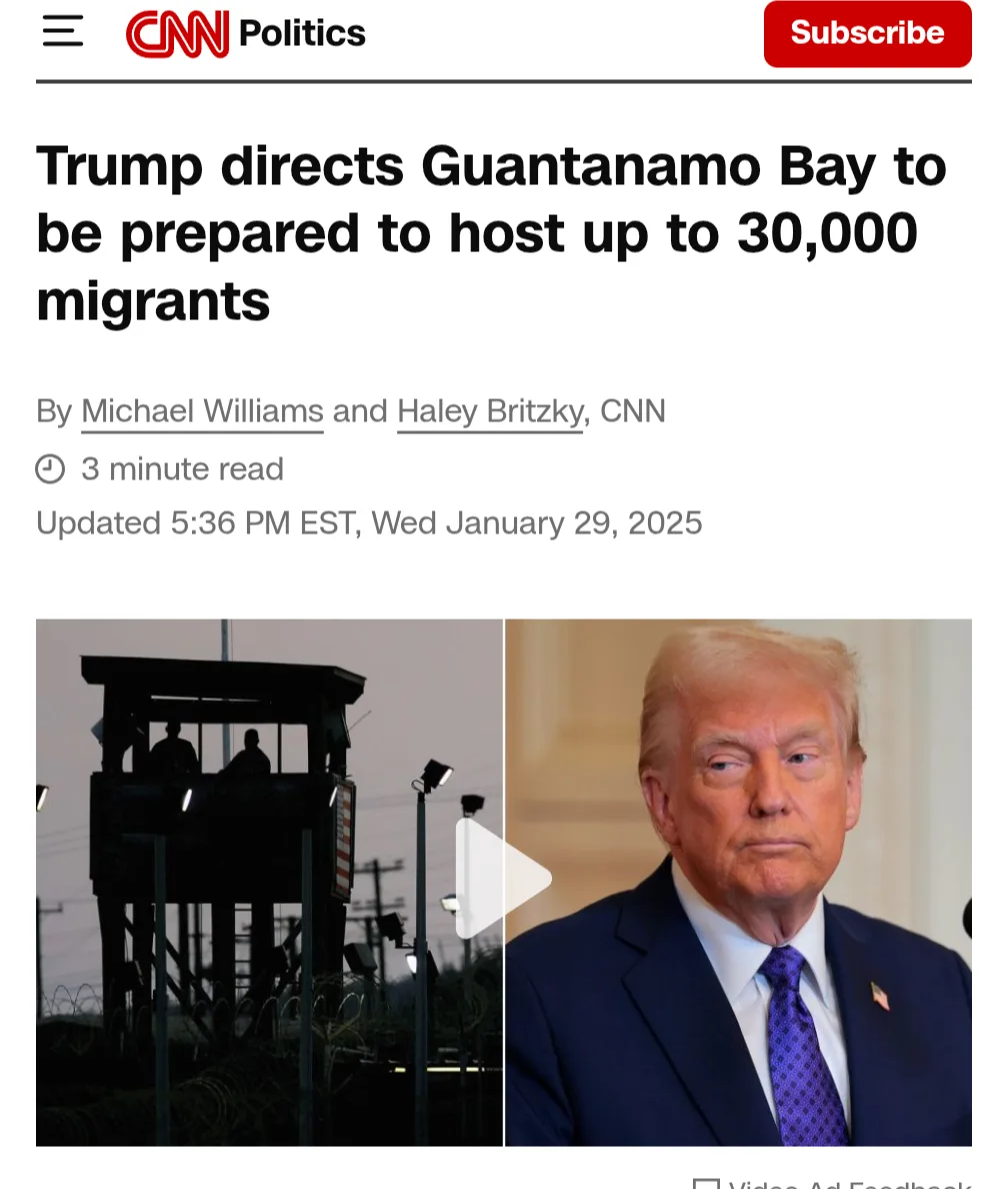 A screenshot of a CNN Politics article headline about Trump directing Guantanamo Bay to host 30,000 migrants, split-screen…