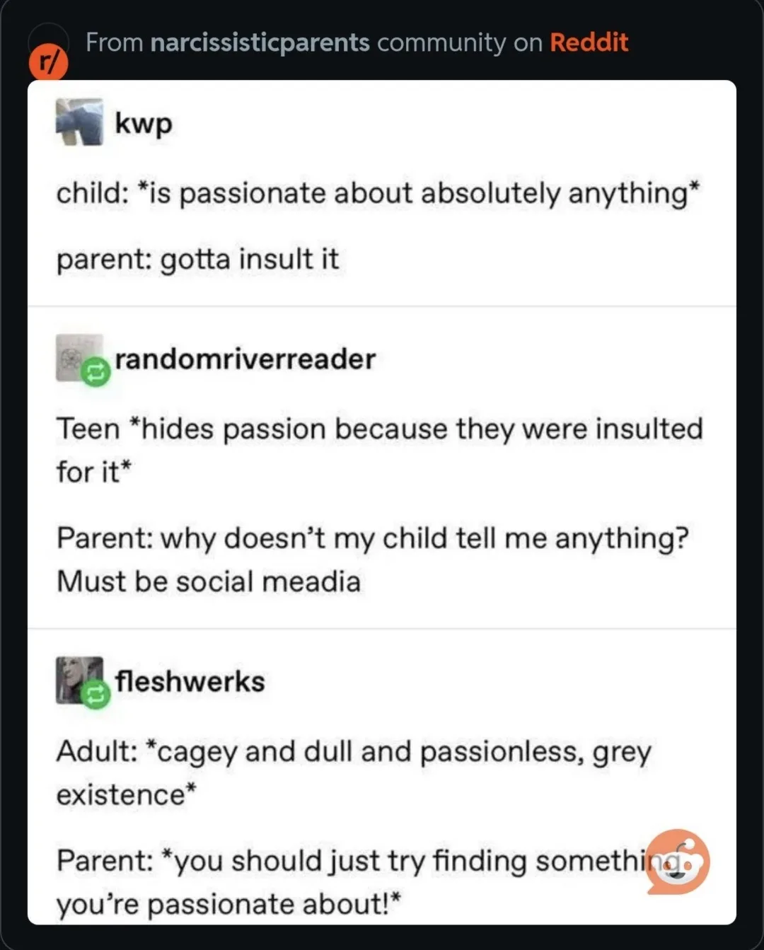 A screenshot of a Reddit thread from the 'narcissisticparents' community showing three comments that humorously depict a…