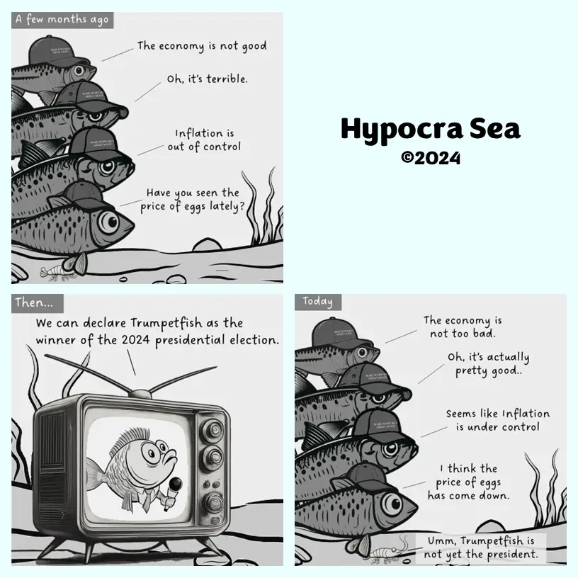 A four-panel comic strip titled 'Hypocra Sea ©2024' depicts fish wearing 'MAKE AMERICA GREAT AGAIN' hats. In the first…