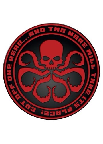 A circular red and black logo featuring a skull with eight tentacles, resembling the Hydra organization from Marvel. The…