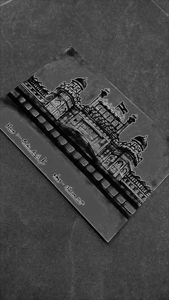 A black-and-white pencil drawing of a detailed, ornate building with domes and arches, resembling a historical Indian…