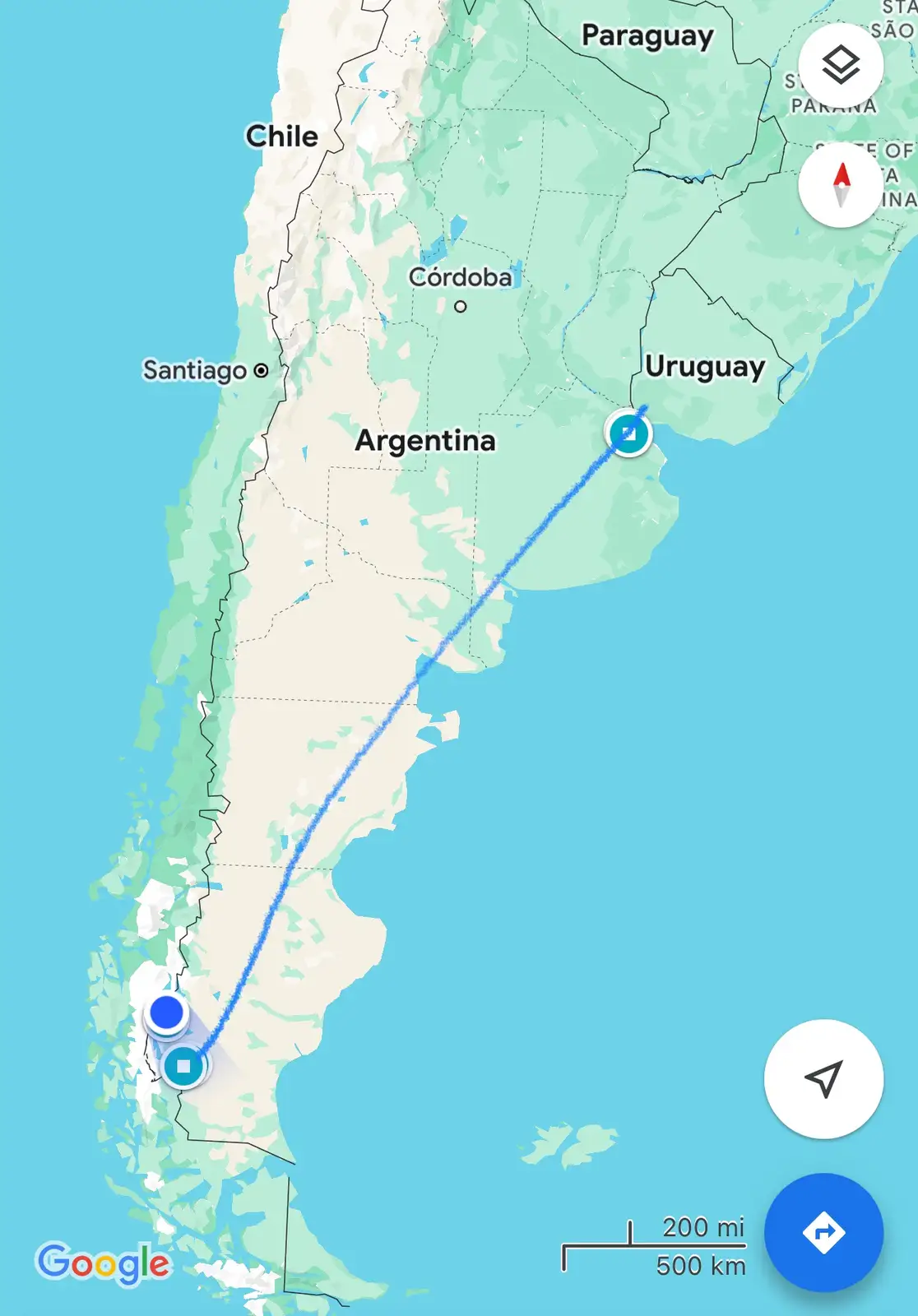 A Google Maps screenshot shows a blue route starting near Santiago, Chile, and heading diagonally across Argentina to a…