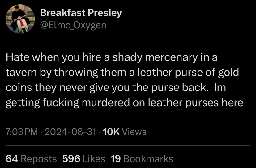A screenshot of a social media post by 'Breakfast Presley' (@Elmo_Oxygen) showing a tweet with white text on a black…
