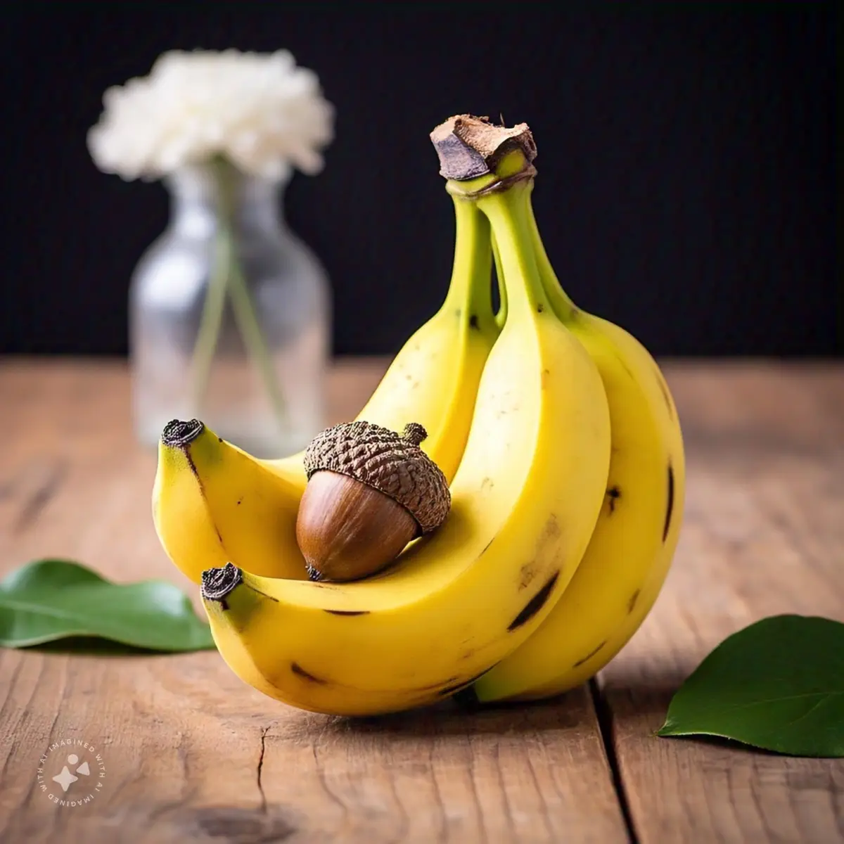A bunch of yellow bananas sits on a wooden surface with a single acorn resting on one of them. In the background, a glass…