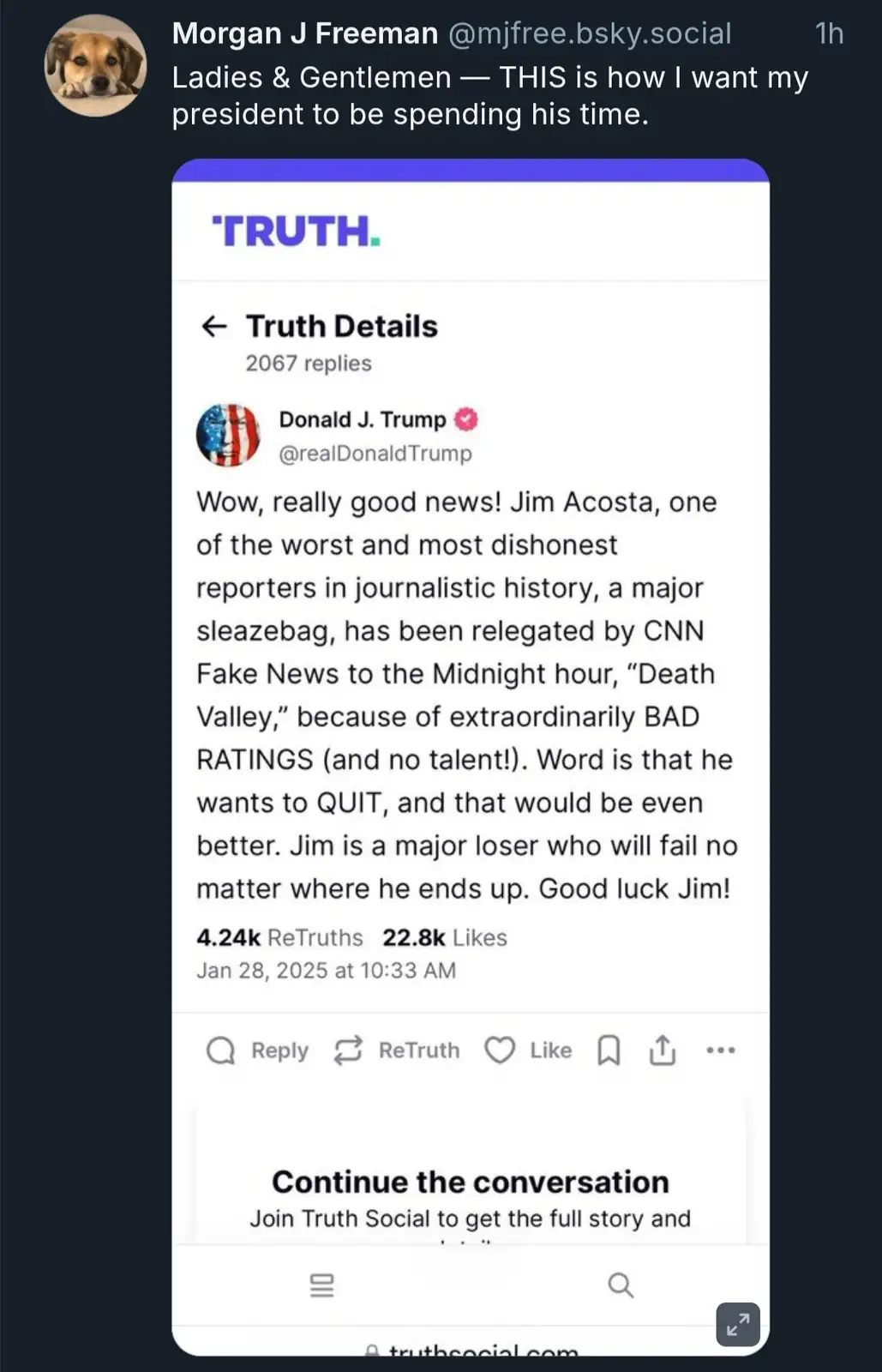 A screenshot of a social media post from 'Truth Social' shows a tweet from Donald J. Trump praising Jim Acosta's demotion to…