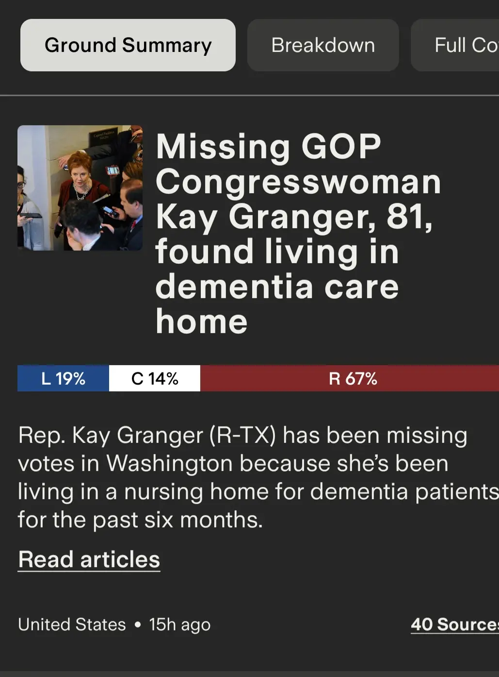 A screenshot of a news summary shows a headline stating 'Missing GOP Congresswoman Kay Granger, 81, found living in dementia…