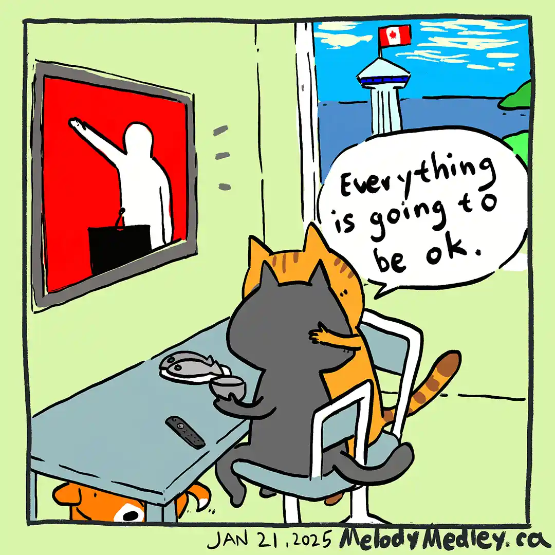 Two cats sit at a table watching a TV screen showing a white silhouette against a red background, with a speech bubble…