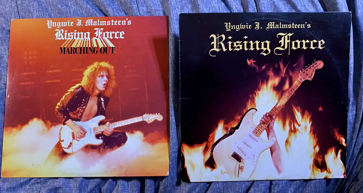 Two album covers for Yngwie J. Malmsteen's 'Rising Force' are shown side by side. The left cover features the guitarist…