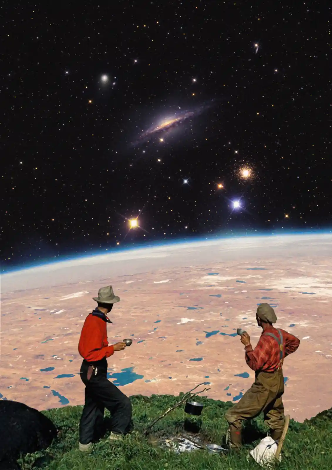 Two men in overalls and hats stand on a grassy hill overlooking a planet with a visible atmosphere, drinking from metal…