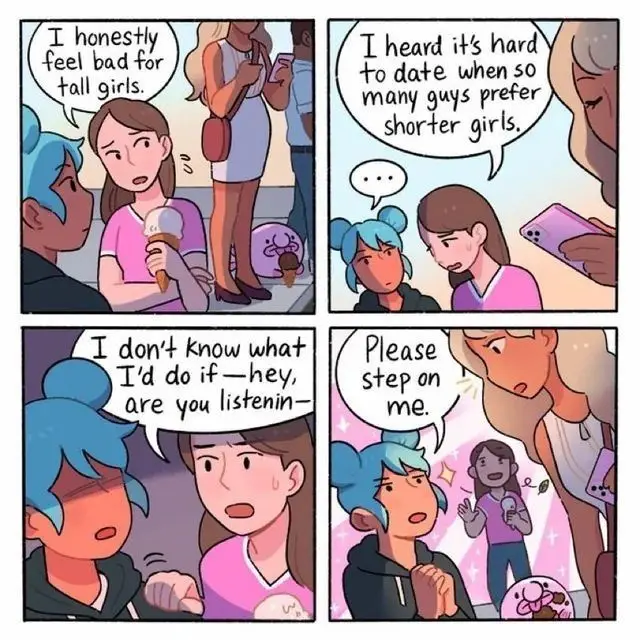 A four-panel comic shows a girl expressing sympathy for tall girls' dating struggles, then being interrupted by a tall girl…