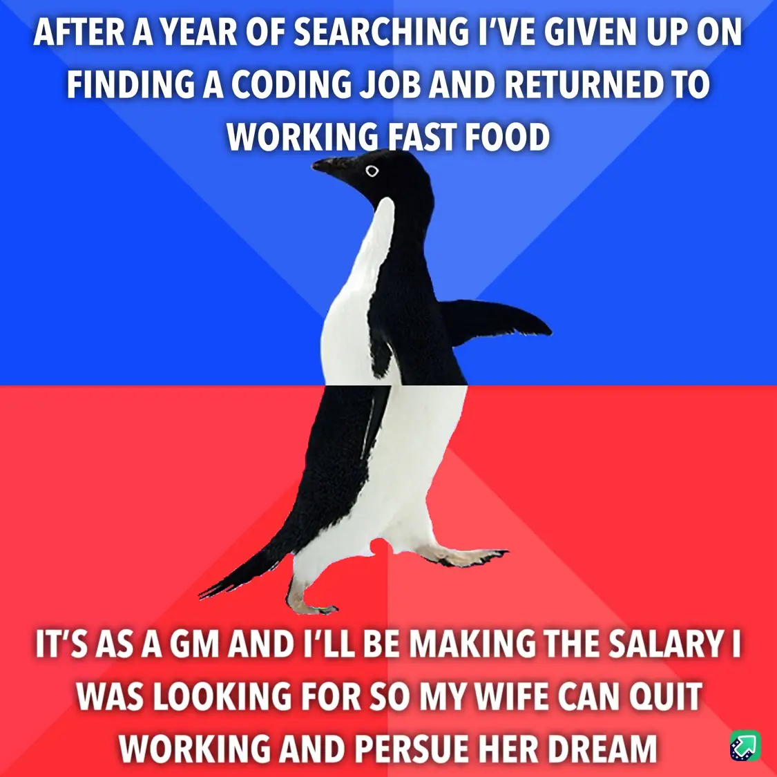 A penguin stands centered against a split blue and red background, with white text overlaid in two sections. The top text…