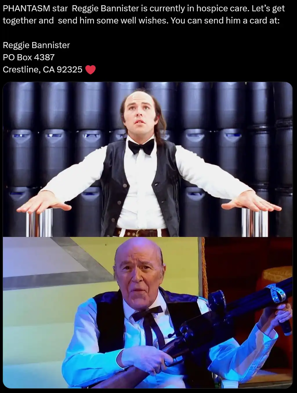 The image is a two-panel meme featuring actor Reggie Bannister. The top panel shows him in a white shirt and black vest with…