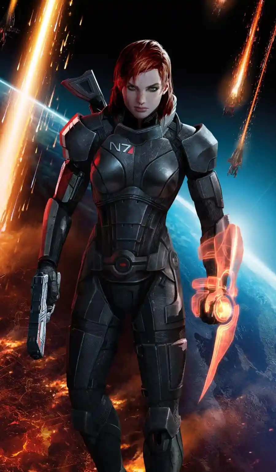 A female character in black N7 armor stands confidently against a cosmic backdrop with a planet and fiery meteors. She holds…